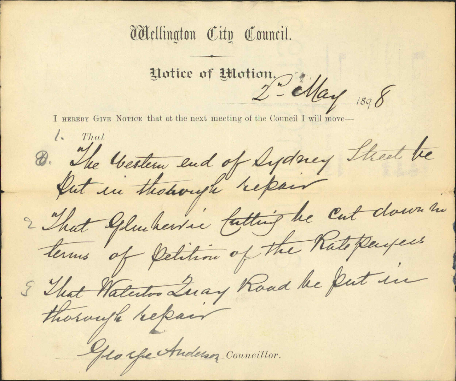 Notice of motion regarding Sydney Street etc - Councillor Anderson