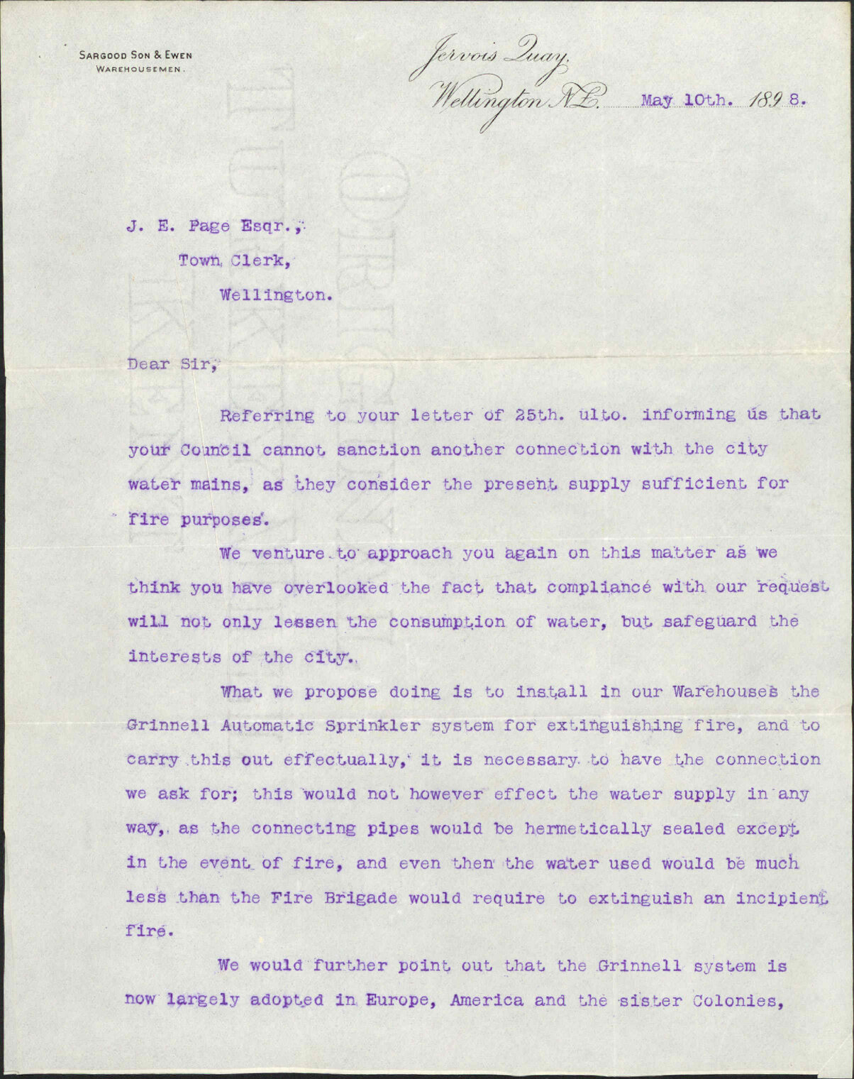 Further regarding water supply - Sargood, Son &amp; Ewen