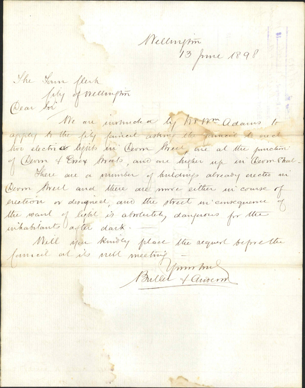 Asking for lamps in Devon Street - Buller &amp; Anderson