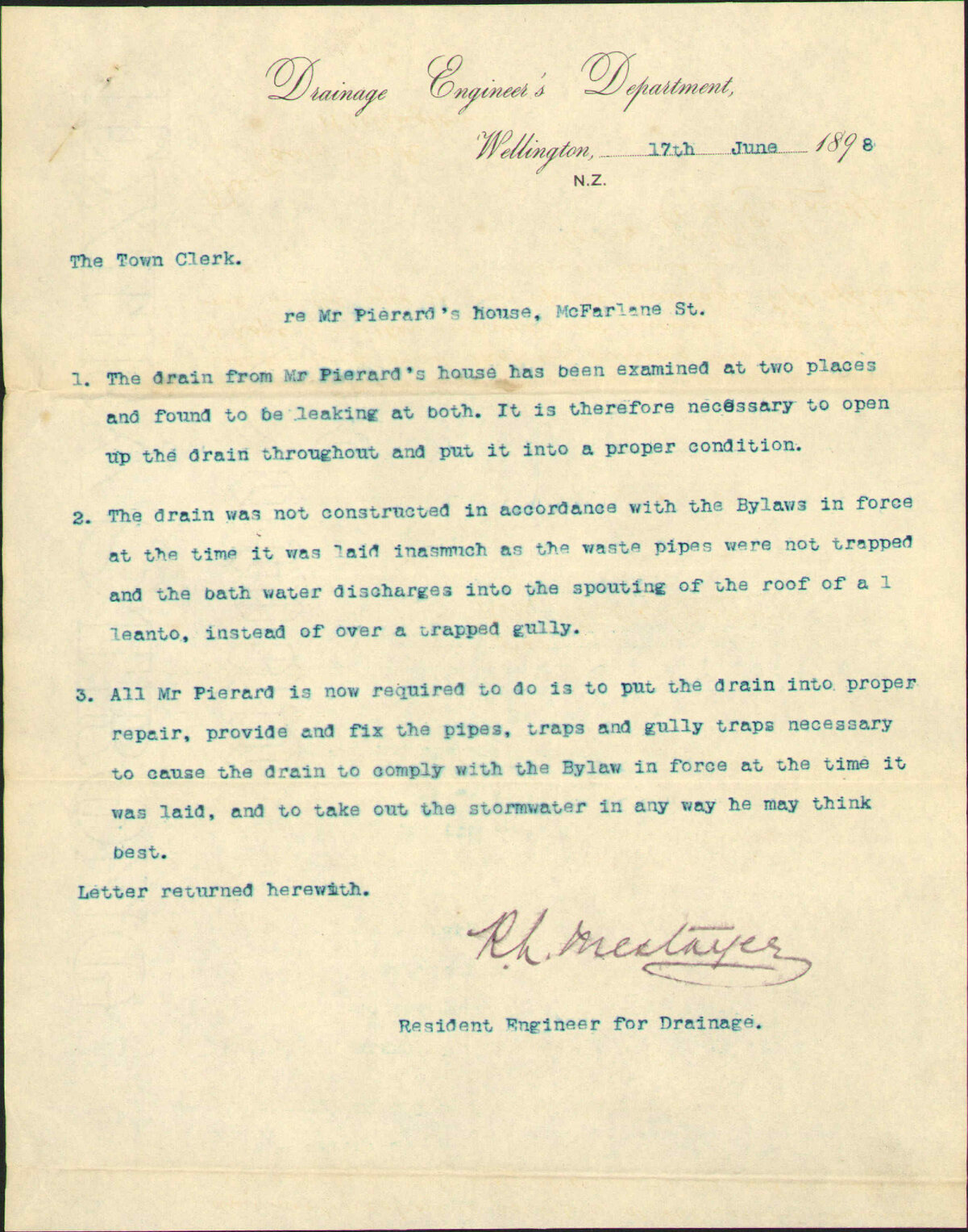 Drainage at his property - C H Pierard