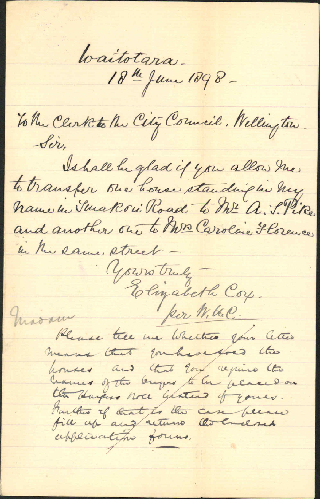 Her house in Tinakori Road - Mrs Cox