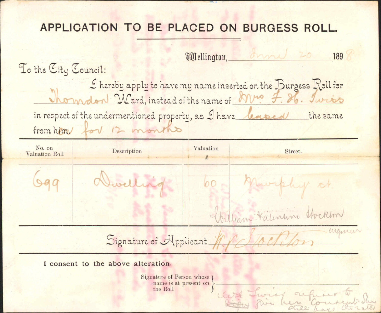 Asking alteration of Burgess Roll - W V Stockton