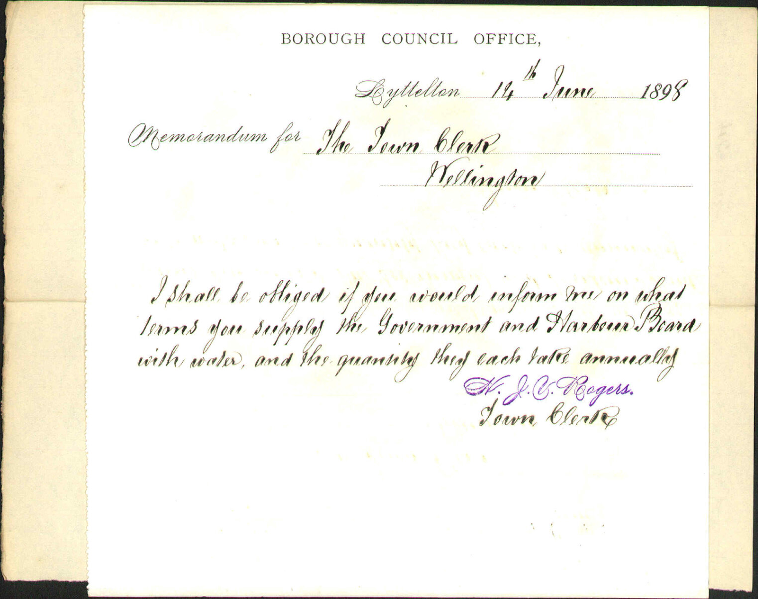 Enquiry regarding water supply to Government and Harbour Board - Town Clerk, Lyttelton