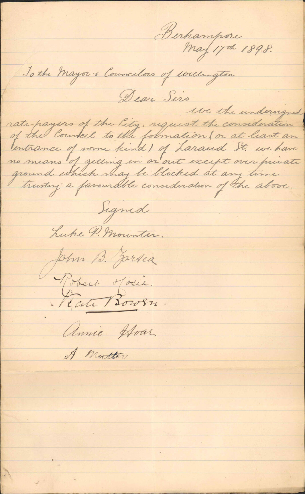 Asking for formation of Levaud Street - L P Mounter and others