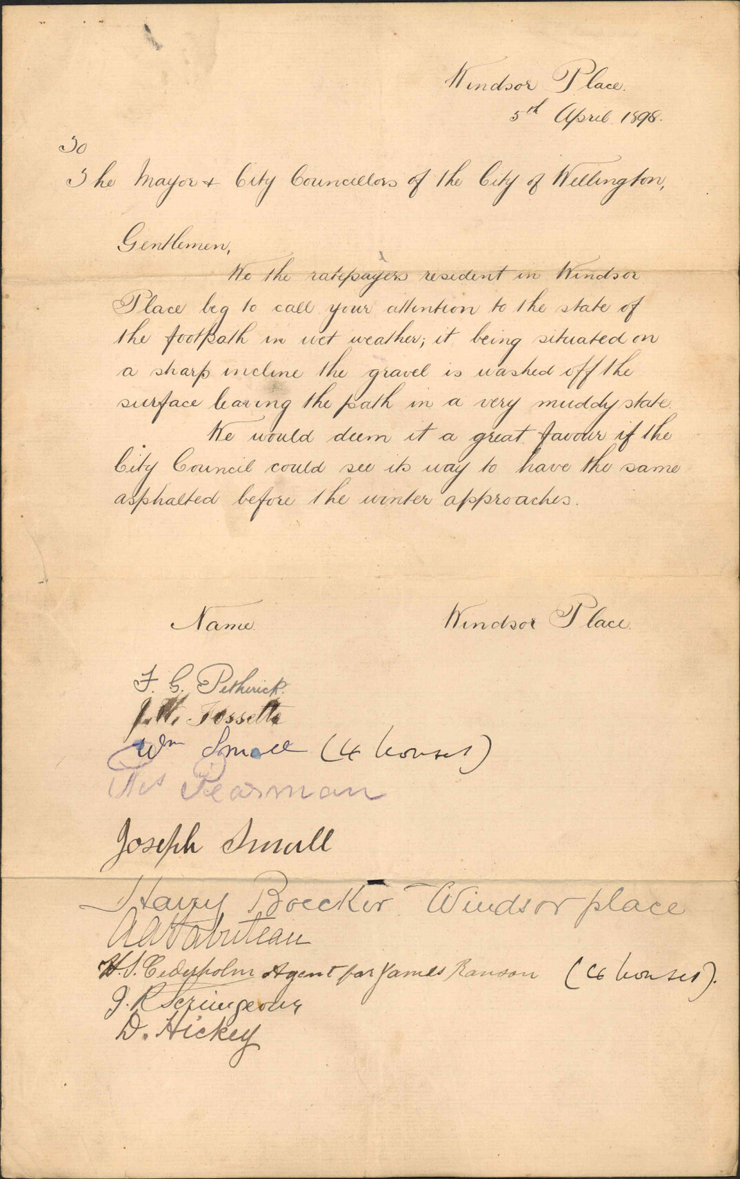 Petition for asphalting in Windsor Place - F G Petherick and others