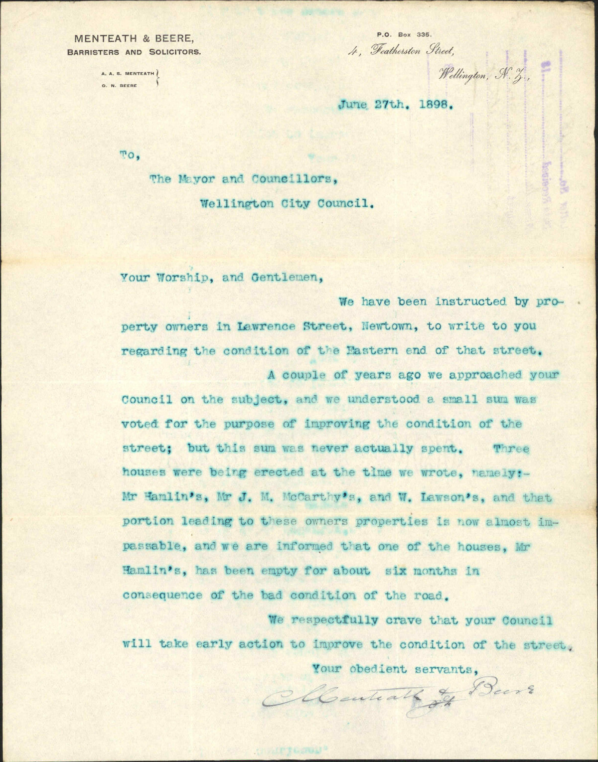 Asking for repairs to Lawrence Street - Menteath and Beere