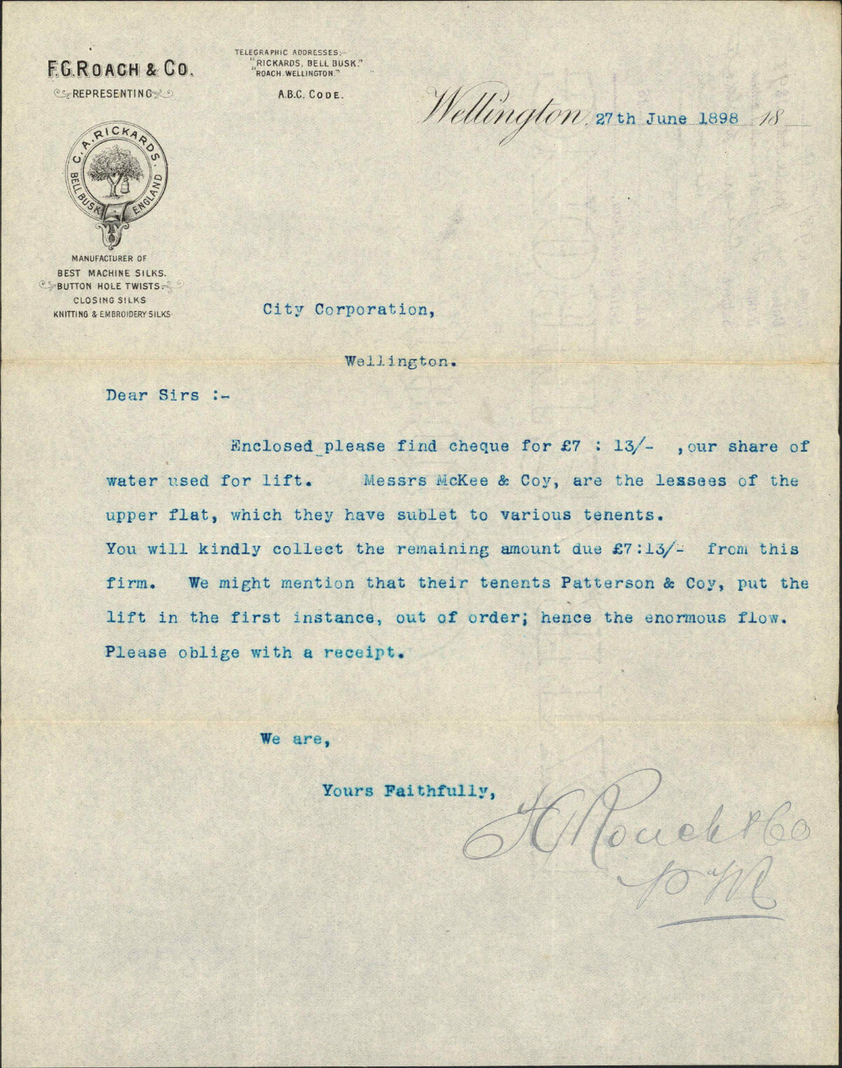 Cheque for water account - F G Roach and Company