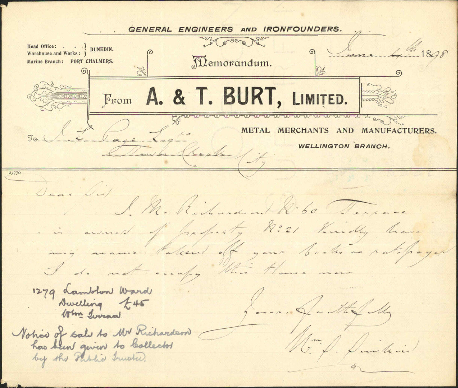 Notifying his having given up house on Wellington Terrace - William S Simkin