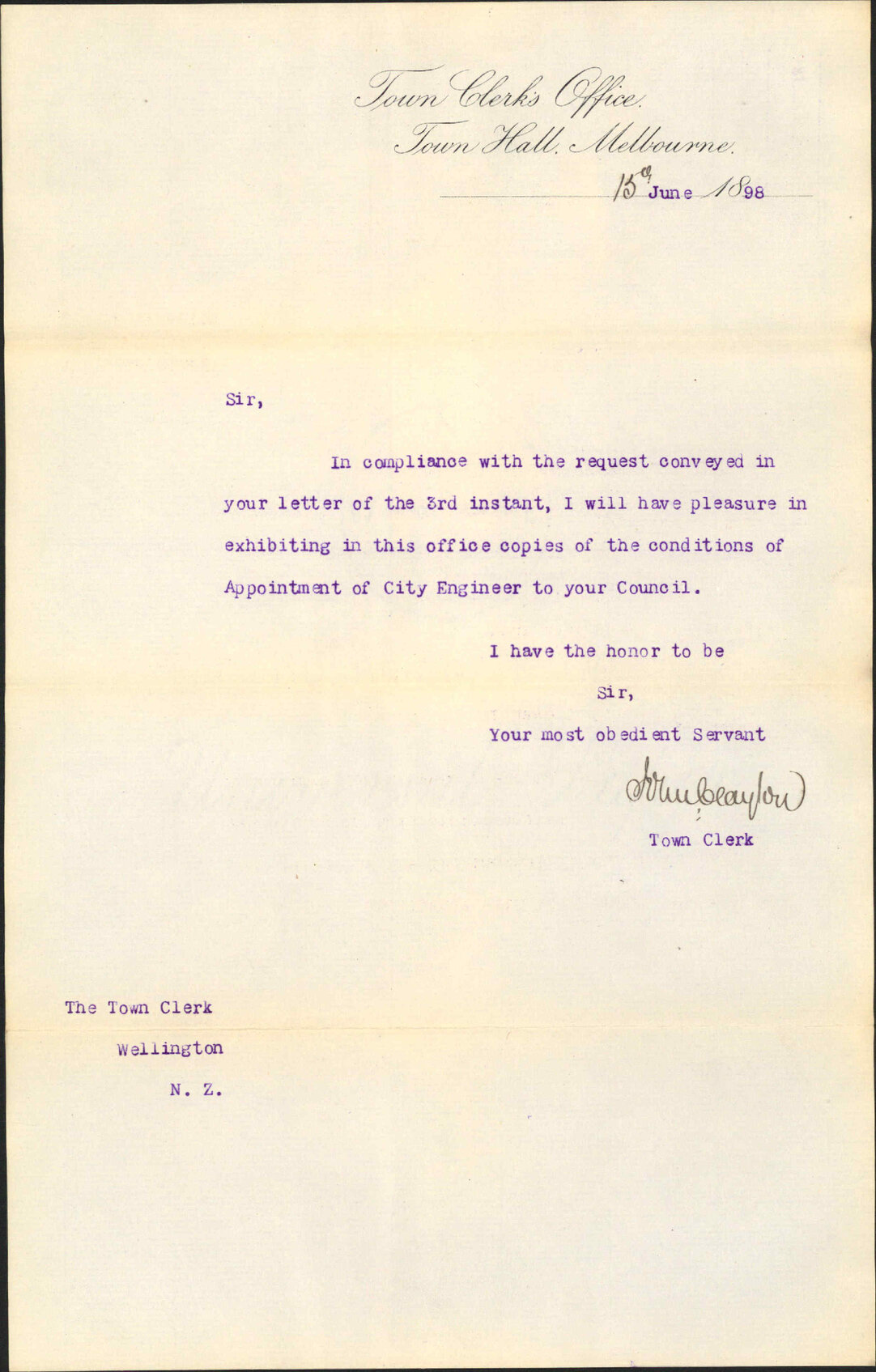 Conditions for City Engineership - Town Clerk, Melbourne