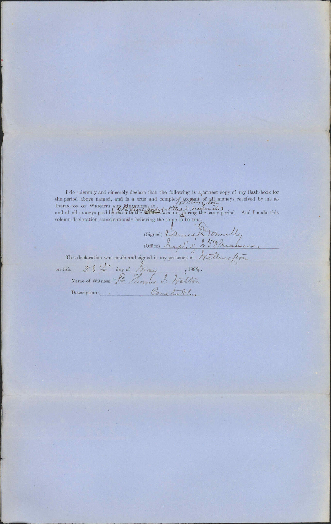 Return of amount paid in - Inspector of Weights and Measures