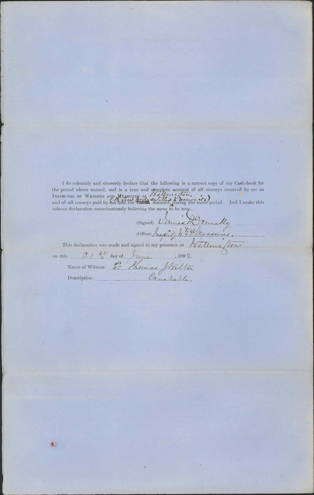 Return of amount paid in - Inspector of Weights and Measures