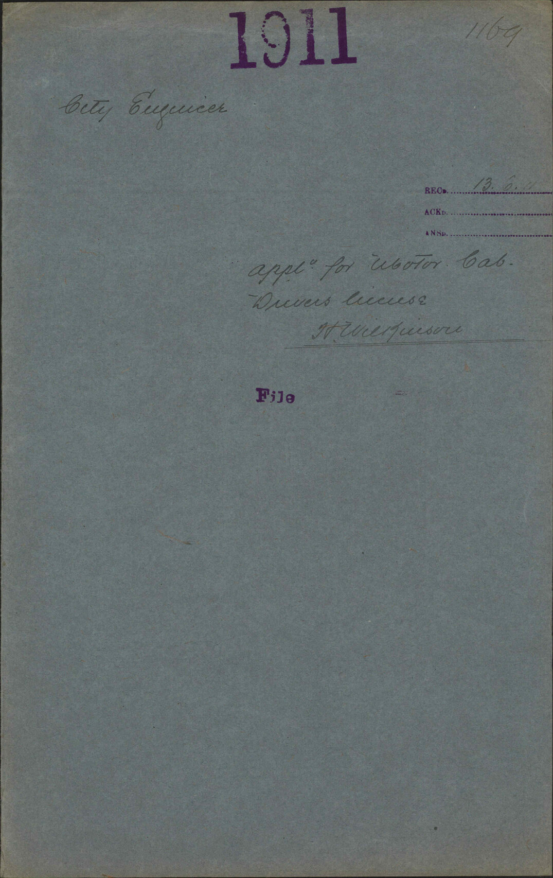 Application for Motor Cab Drivers license, Harold Wilkinson - City Engineer