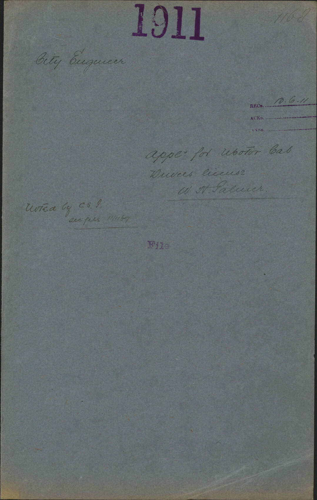 Application for Motor Cab Drivers license, William Henry Palmer - City Engineer