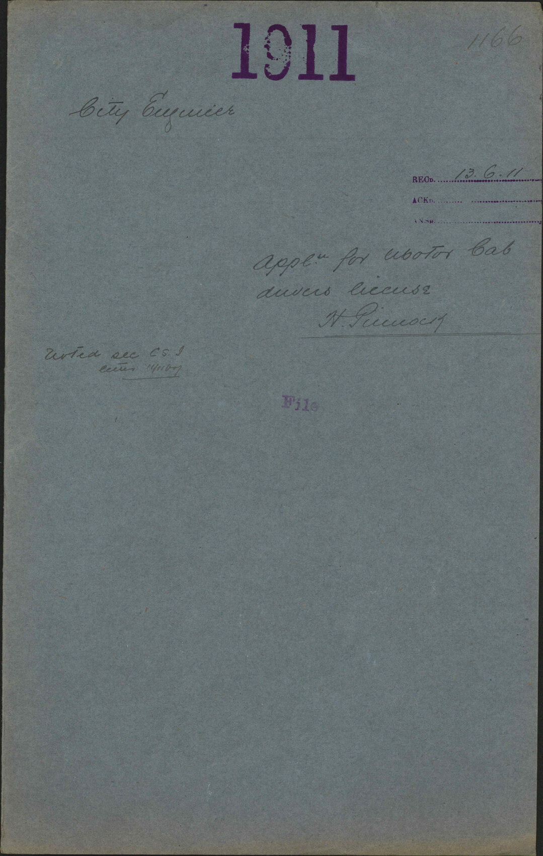 Application for Motor Cab Drivers license, Harold Pinnock - City Engineer