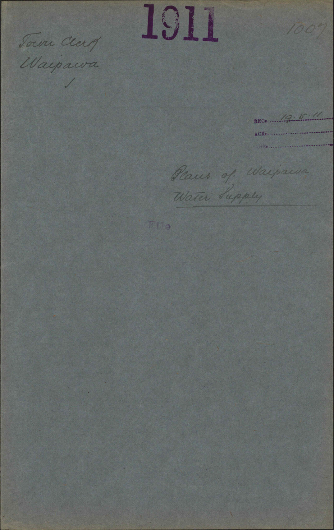 Plans of Waipawa water supply - Town Clerk, Waipawa