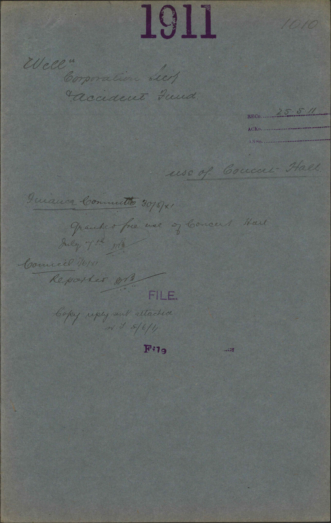 Use of Concert Hall - Wellington Corporation Sick and Accident Fund