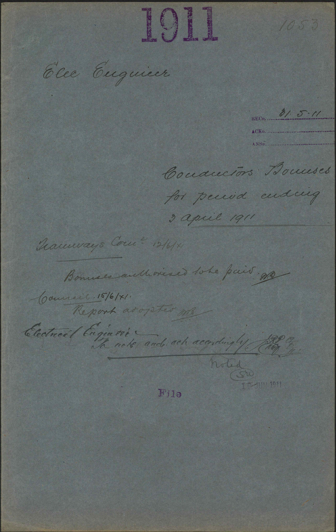 Conductor's bonuses for period ending 3 April 1911 - Electrical Engineer