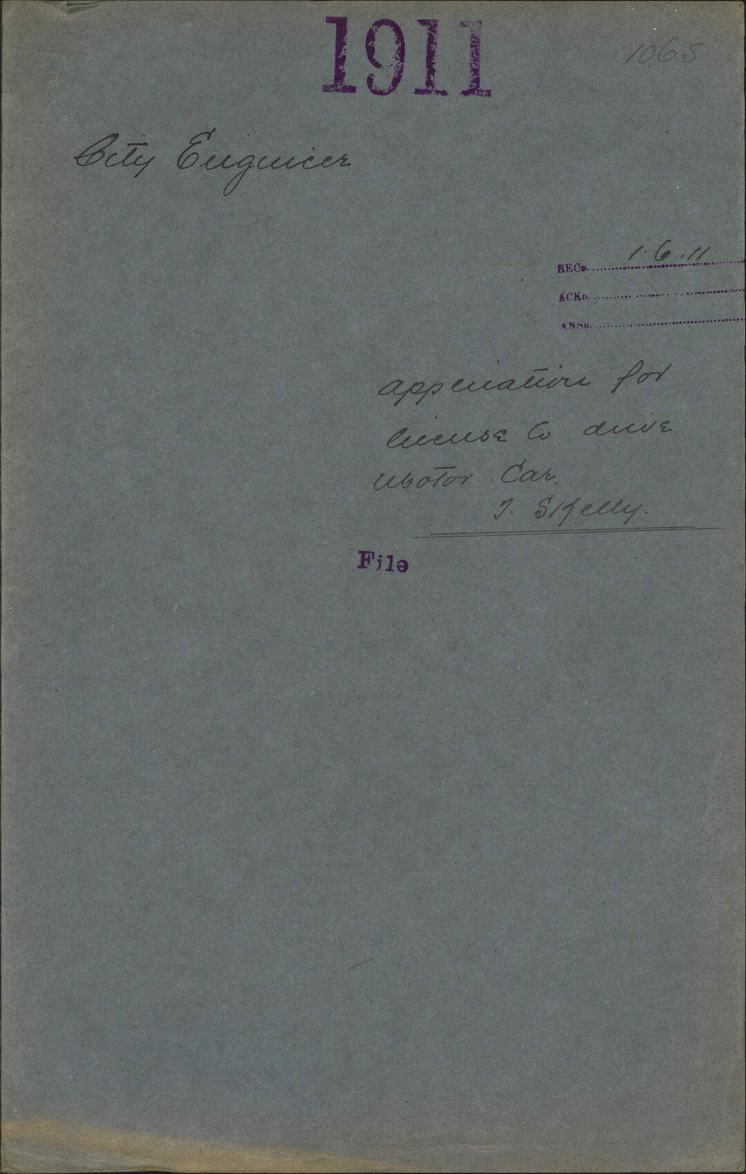 Application for license to drive motor car, T Skelly - City Engineer