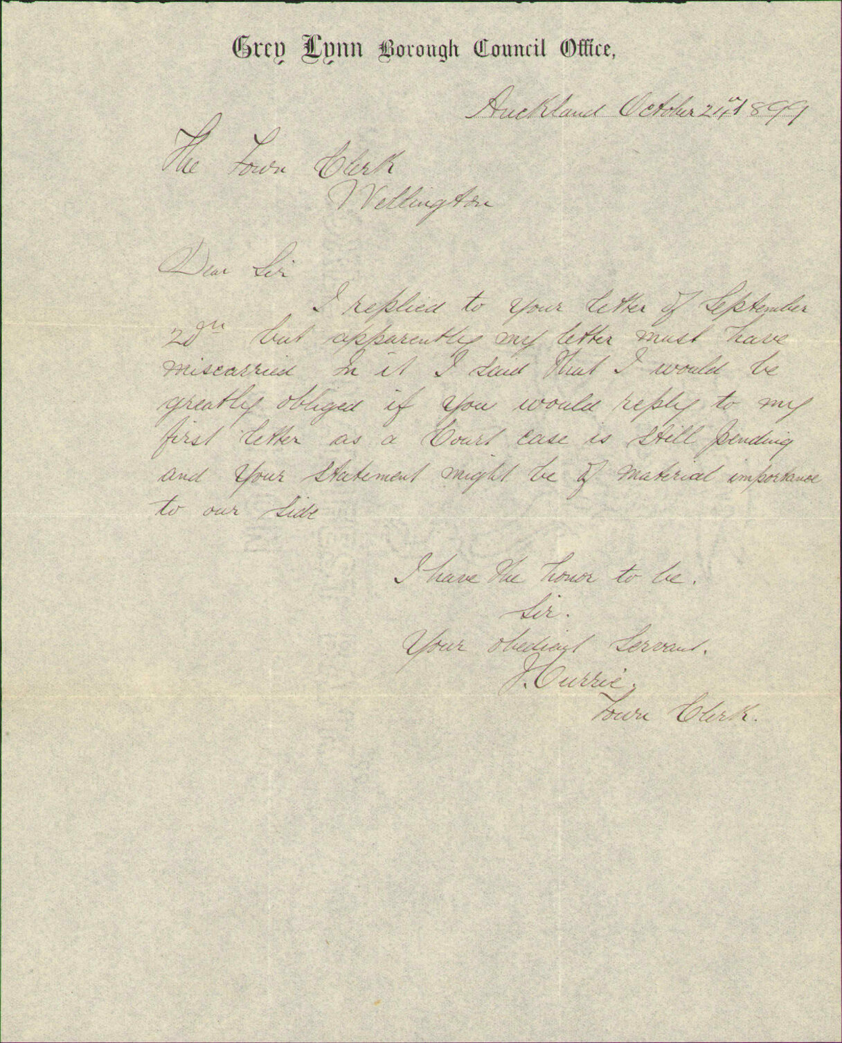 Enquiry regarding maintenance of boundary roads - Town Clerk, Newton [Auckland]