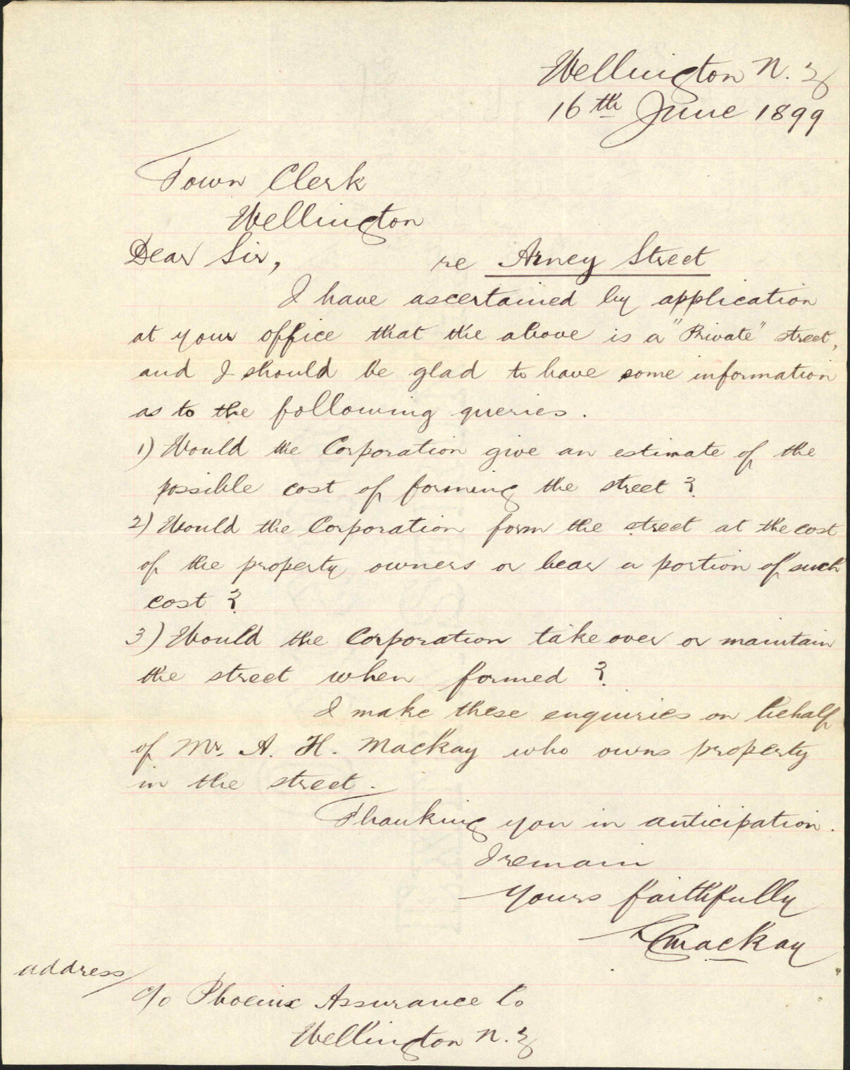Enquiry regarding Arney Street - L G Mackay
