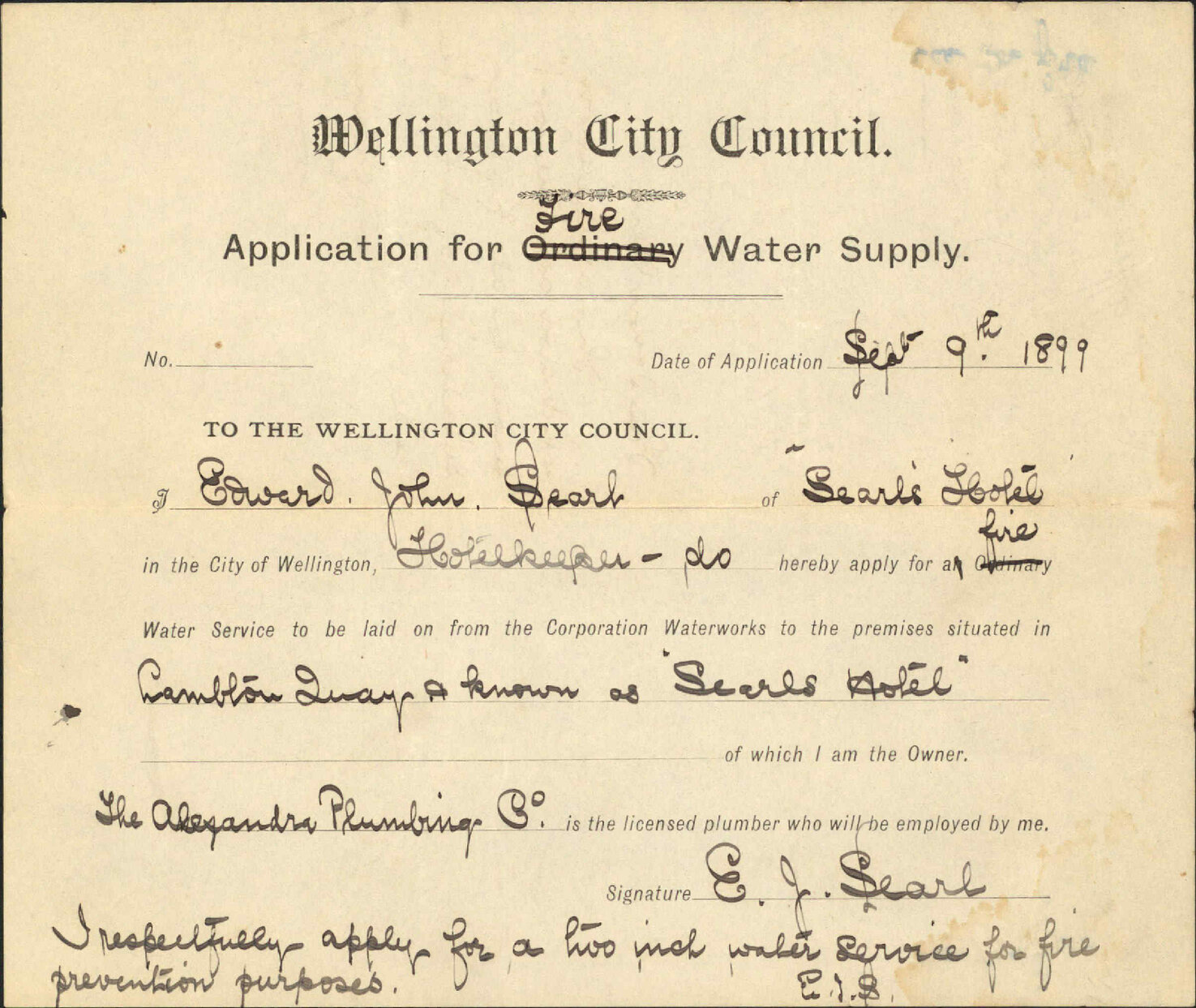 Application for water service - E J Pearl