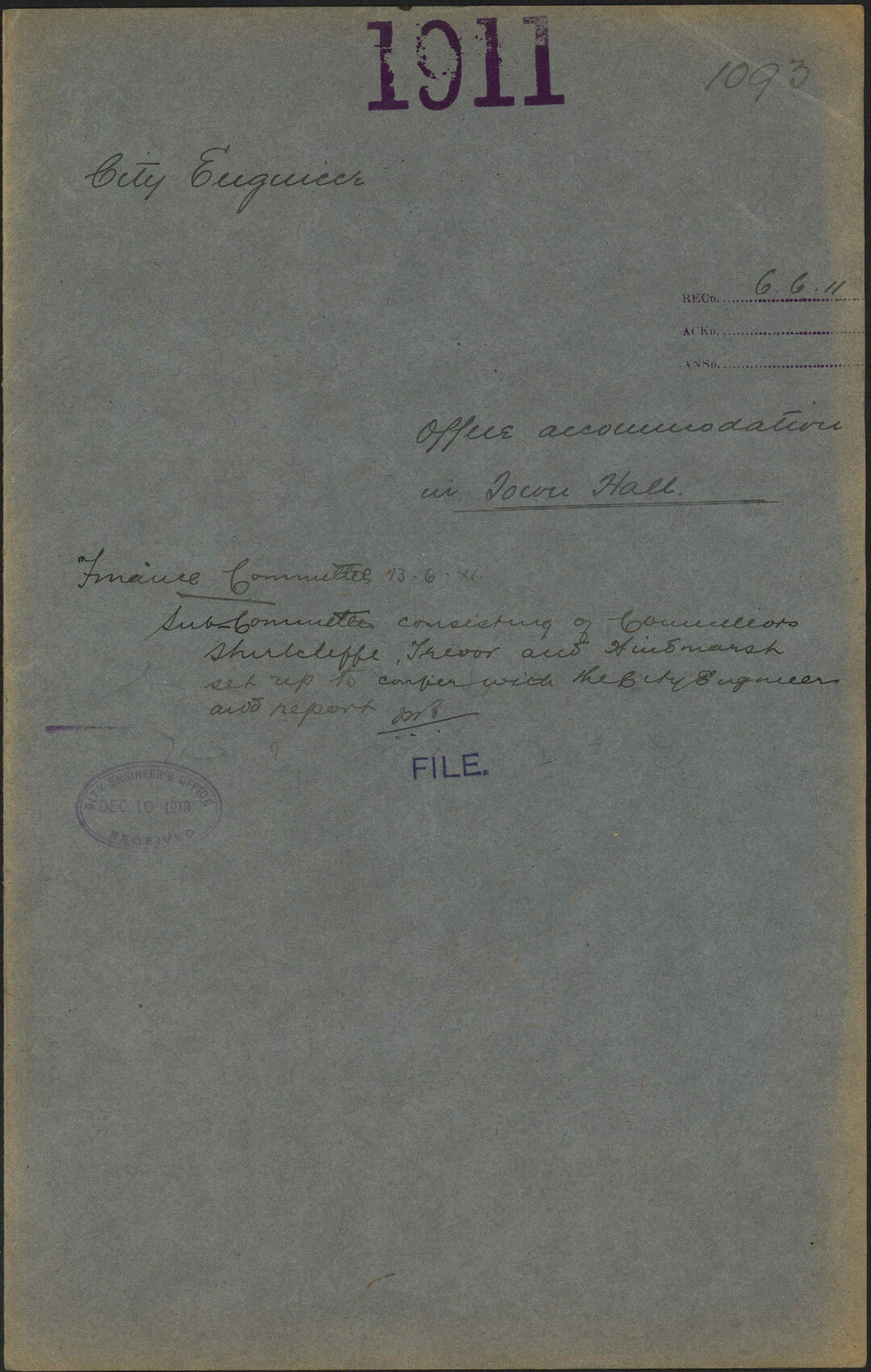 Office accommodation in Town Hall - City Engineer