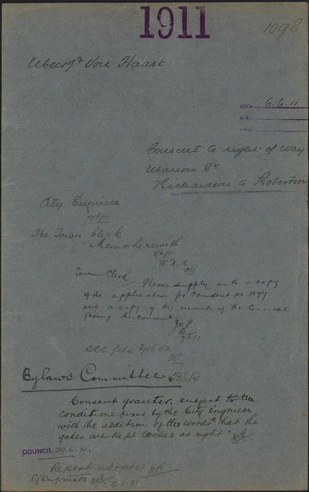 Consent to right-of-way Marion Street, Richardson to Robertson - Meek and Von Haast