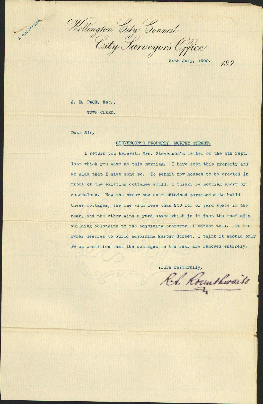 Asking permission to build in Murphy Street - Mrs Stevenson