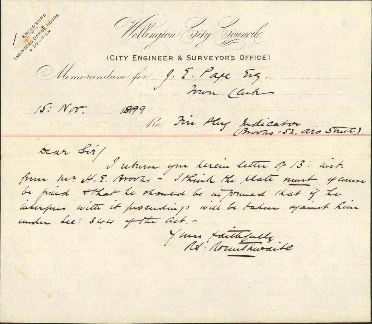 Notice plate for fire plugs - H E Brooks
