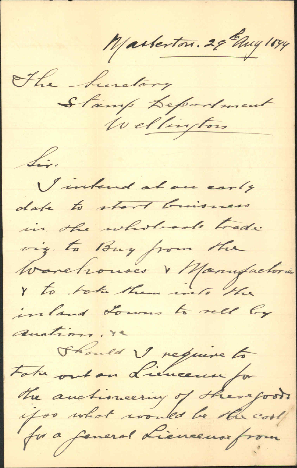 Enquiry regarding auctioneer's license - Thomas Bowen