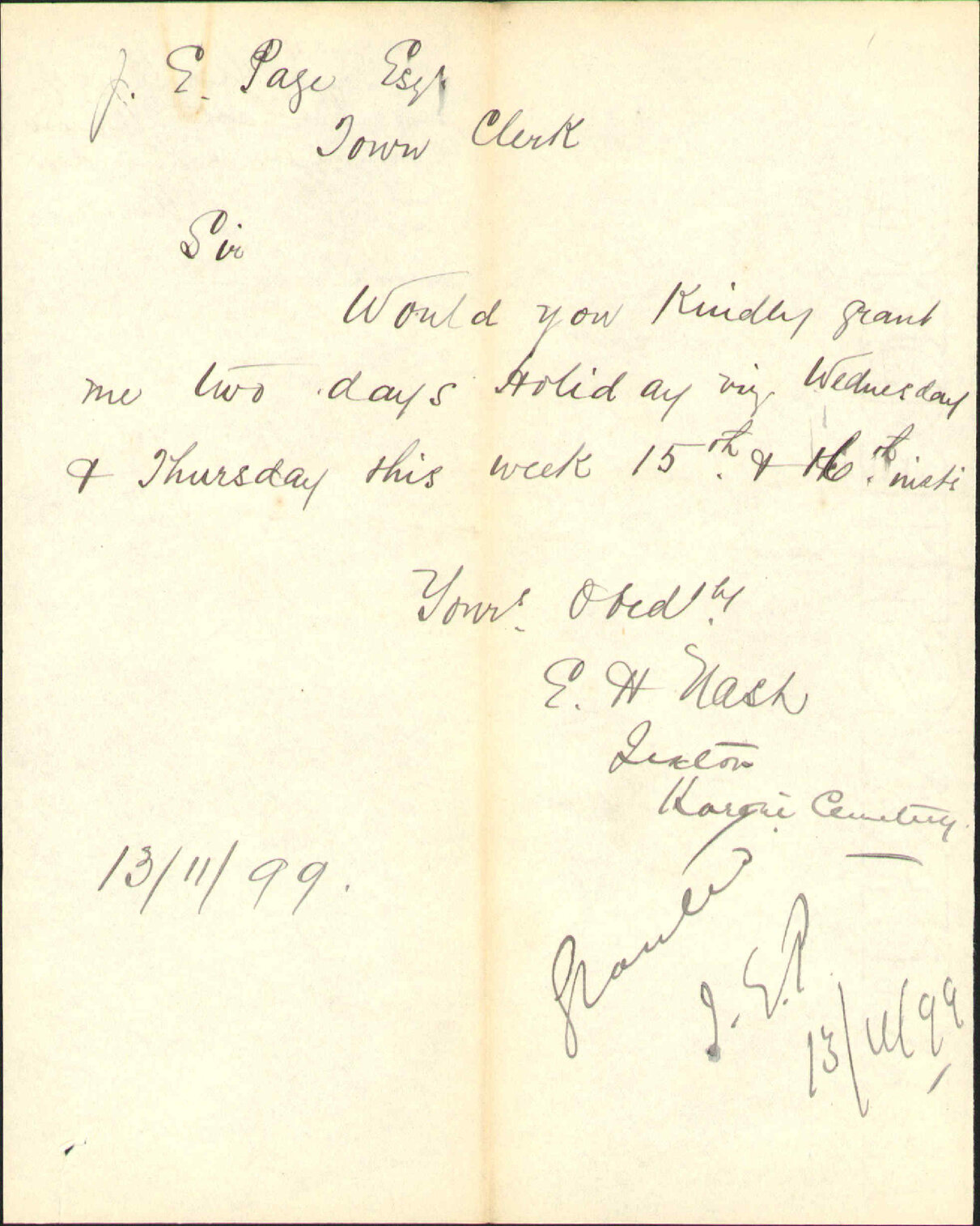 Asking for two days holiday - E H Nash, Sexton Karori Cemetery