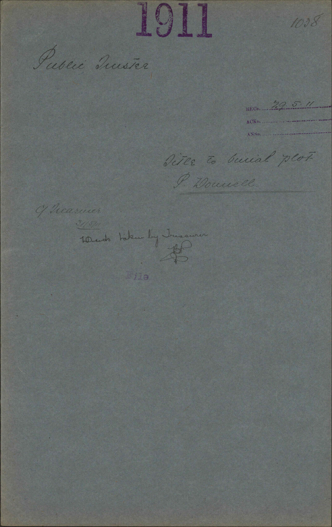Title to burial plot, P Donnell - Public Trustee