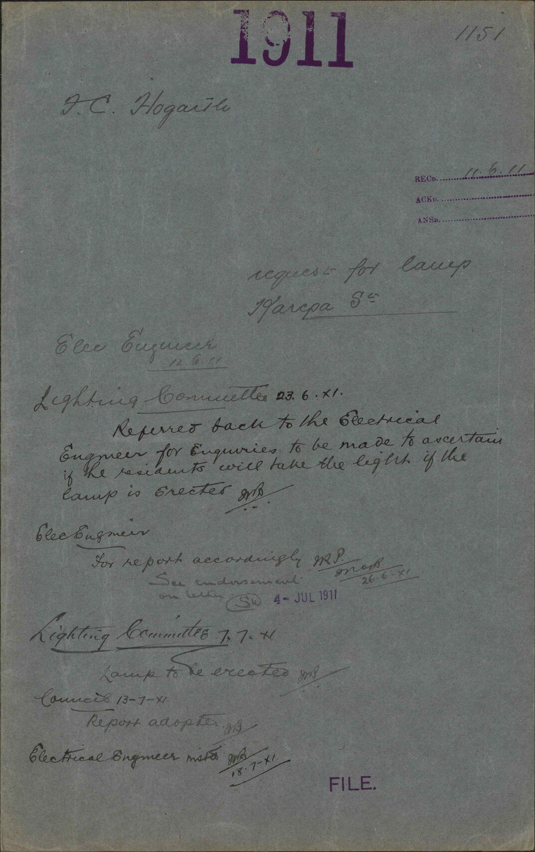 Request for lamp, Karepa Street - F C Hogarth