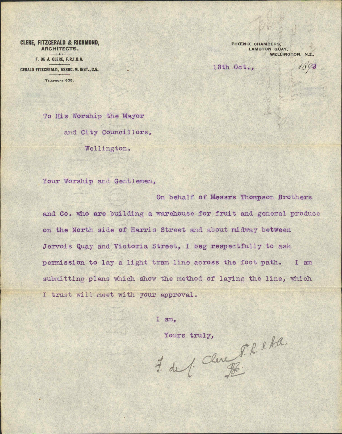 F De Jersey Clere Asking permission to lay a light tramline across footpath in Harris Street