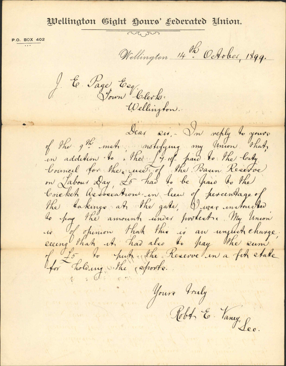 Use of the Basin Reserve - Eight Hours Union