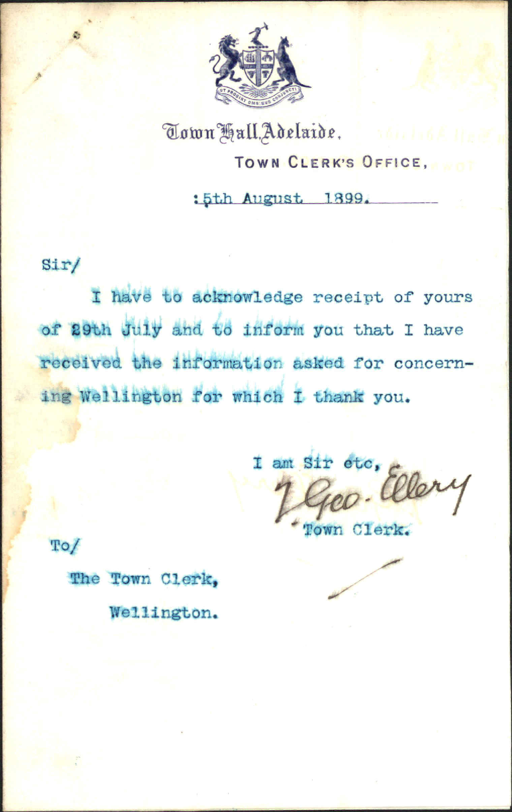 Thanks for information - Town Clerk, Adelaide