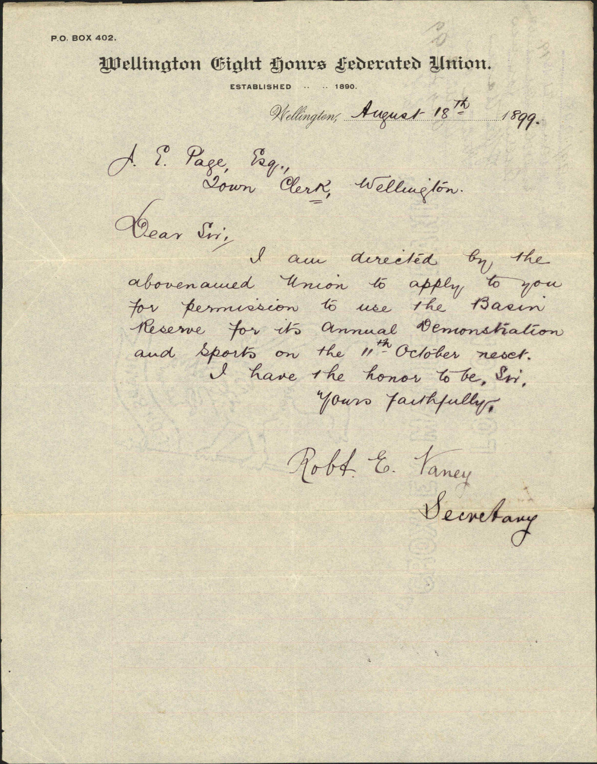 Asking for use of the Basin Reserve on the 11th October - Eight Hours Federated Union