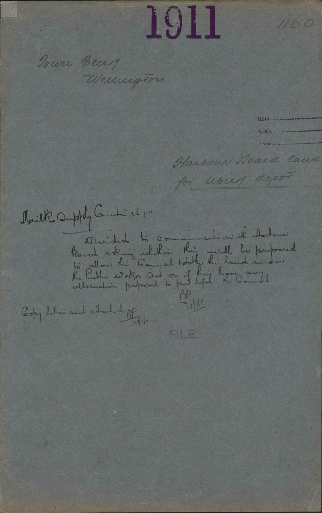 Harbour Board land for milk depot - Town Clerk, Wellington