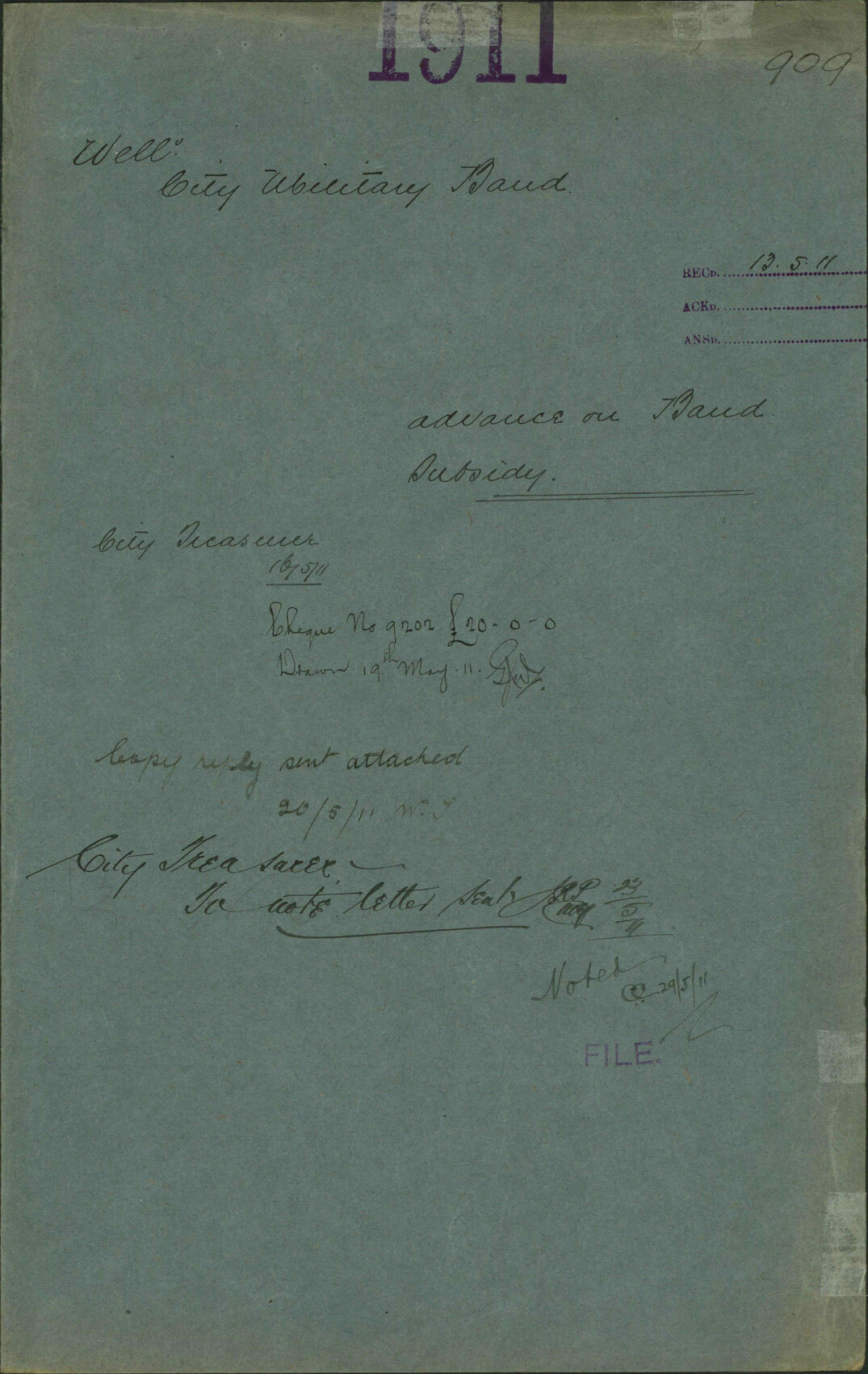 Advance on band subsidy - Wellington City Military Band