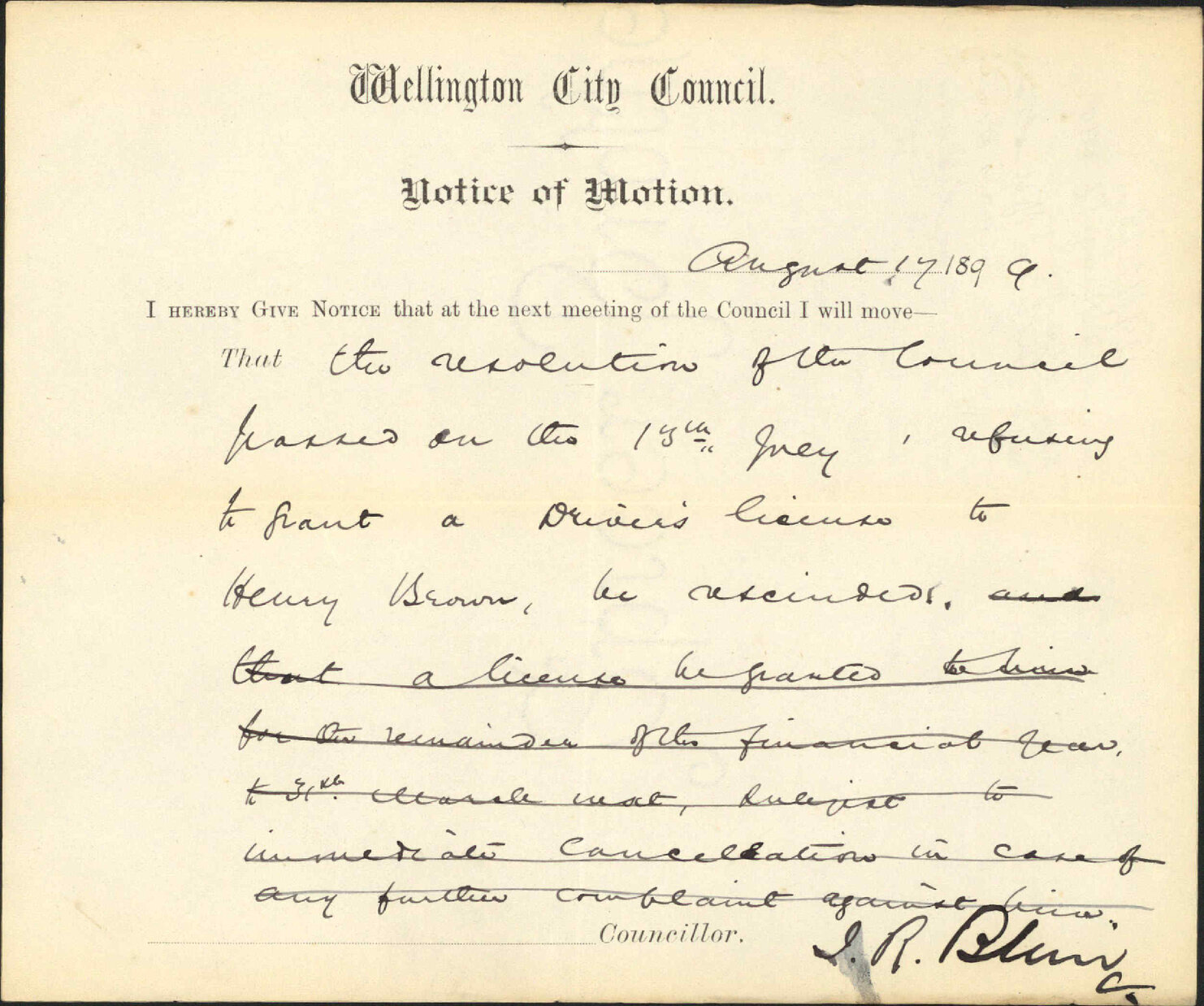 Notice of motion regarding Brown's driver's license - the Mayor