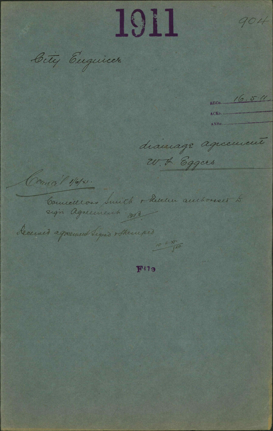 Drainage agreement, W F Eggers - City Engineer