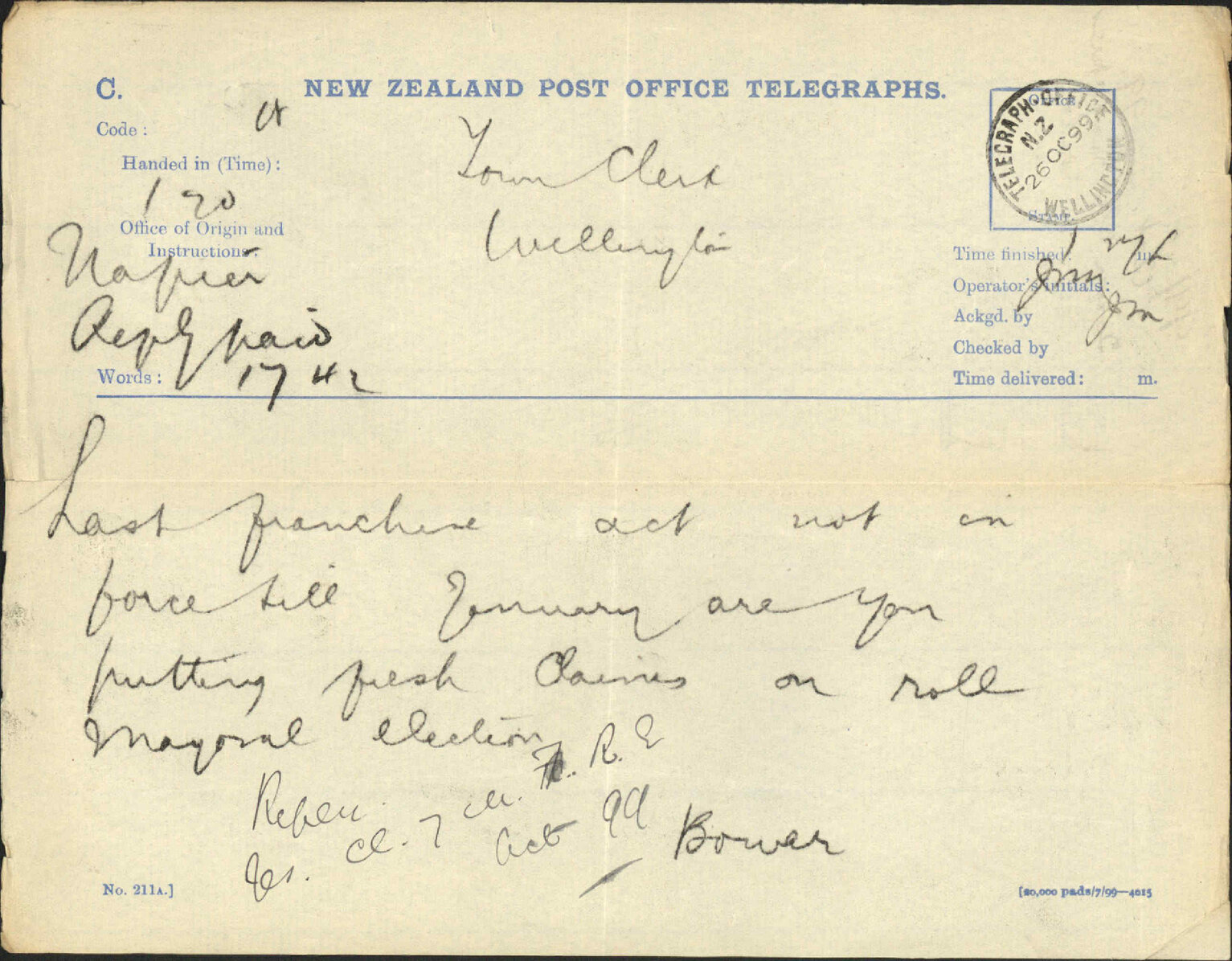 Burgess Rolls - Town Clerk, Napier