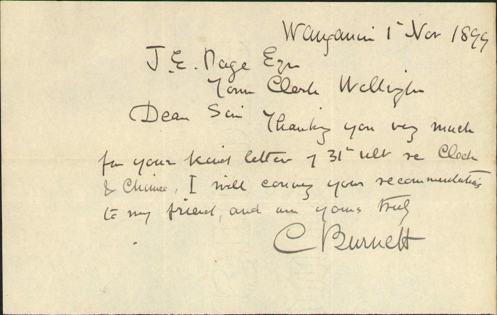 Enquiry re town clock - W Burnett, Wanganui