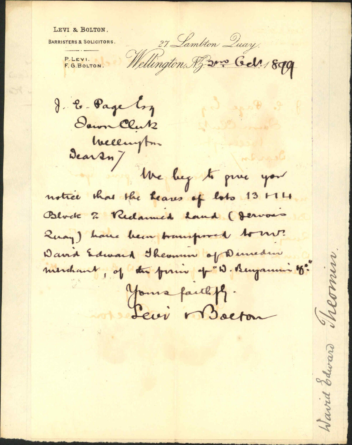 Notice re sections of Te Aro Reclaimed Land (W Benjamin &amp; Co) - Levi &amp; Bolton