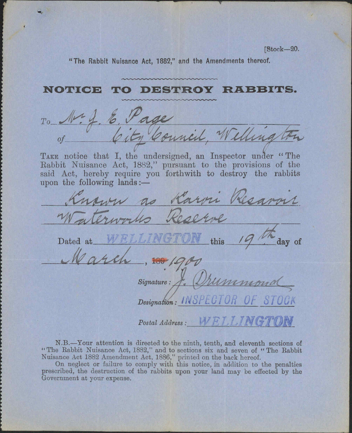 Notice to destroy rabbits - Inspector of Stock