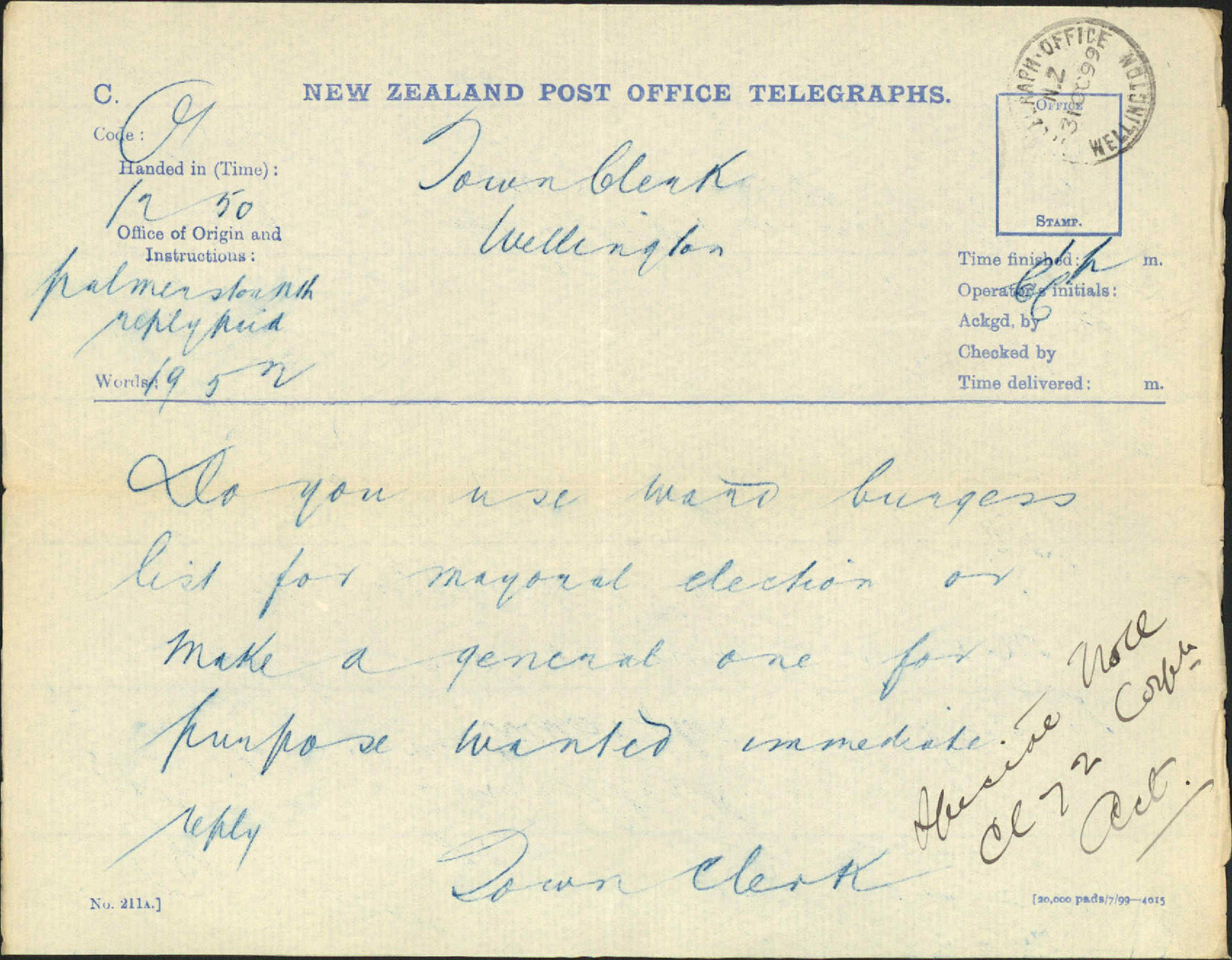 Enquiry re Burgess Roll - Town Clerk, Palmerston North