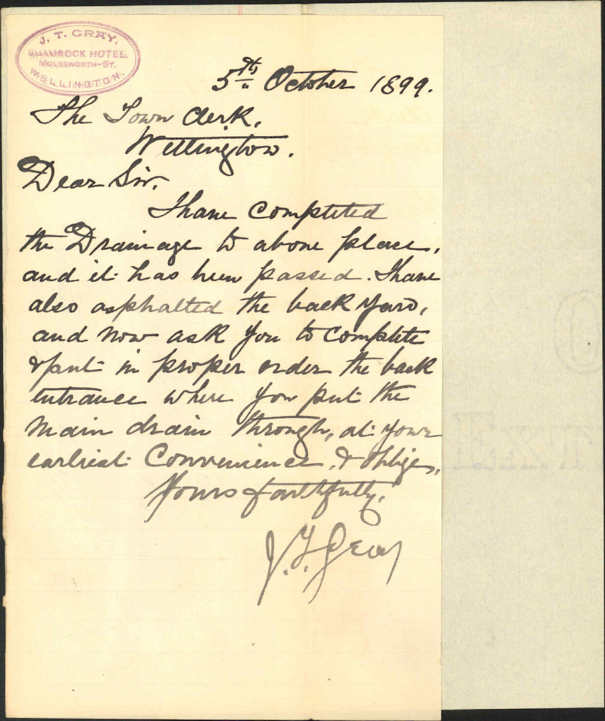 Drainage at his property - J T Gray, Shamrock Hotel