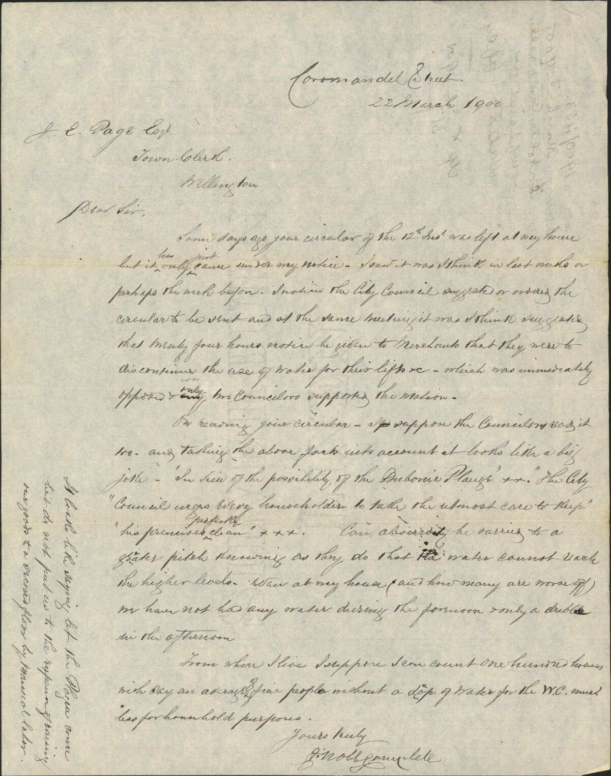 Complaint regarding water supply - F Noble Campbell