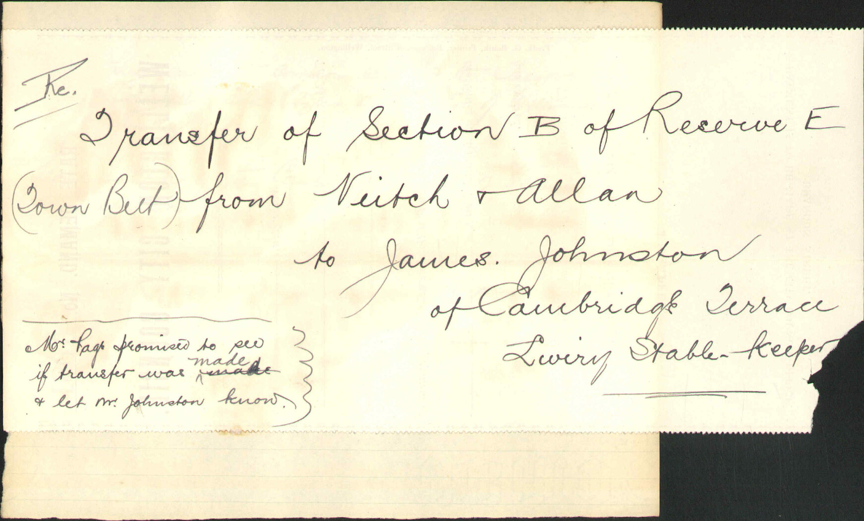 Transfer of Town Belt lease - J Johnston