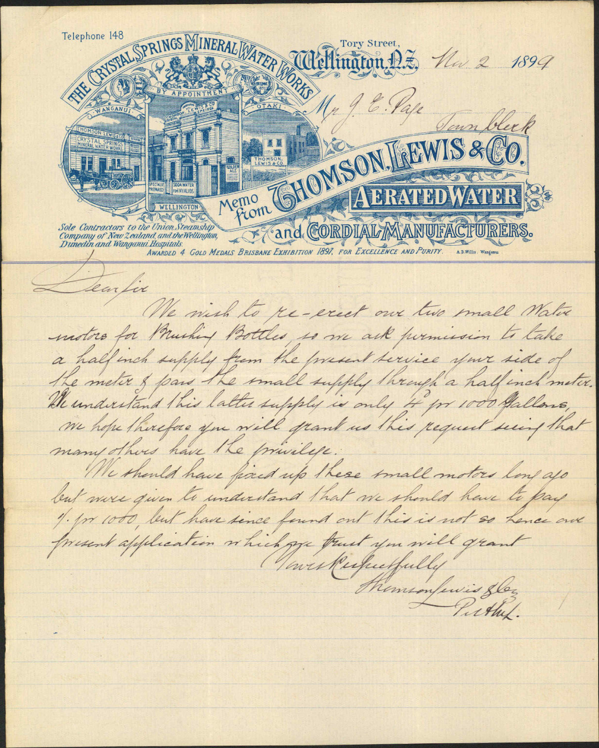 Water supply at their premises - Thomson, Lewis &amp; Co